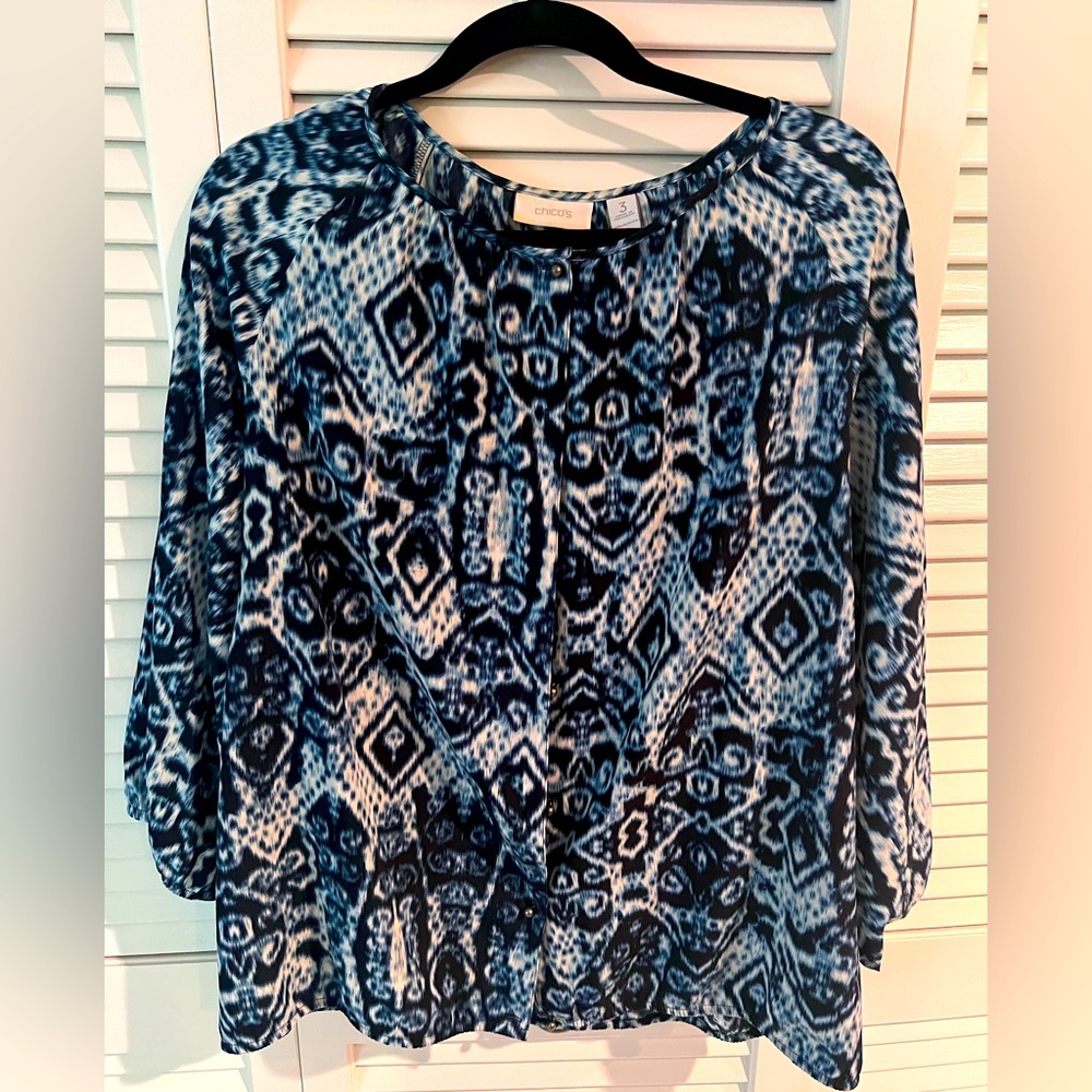 CHICO Long Sleeve Button Down Blouse Top Peasant Blue White Women's.  XL/14–16.